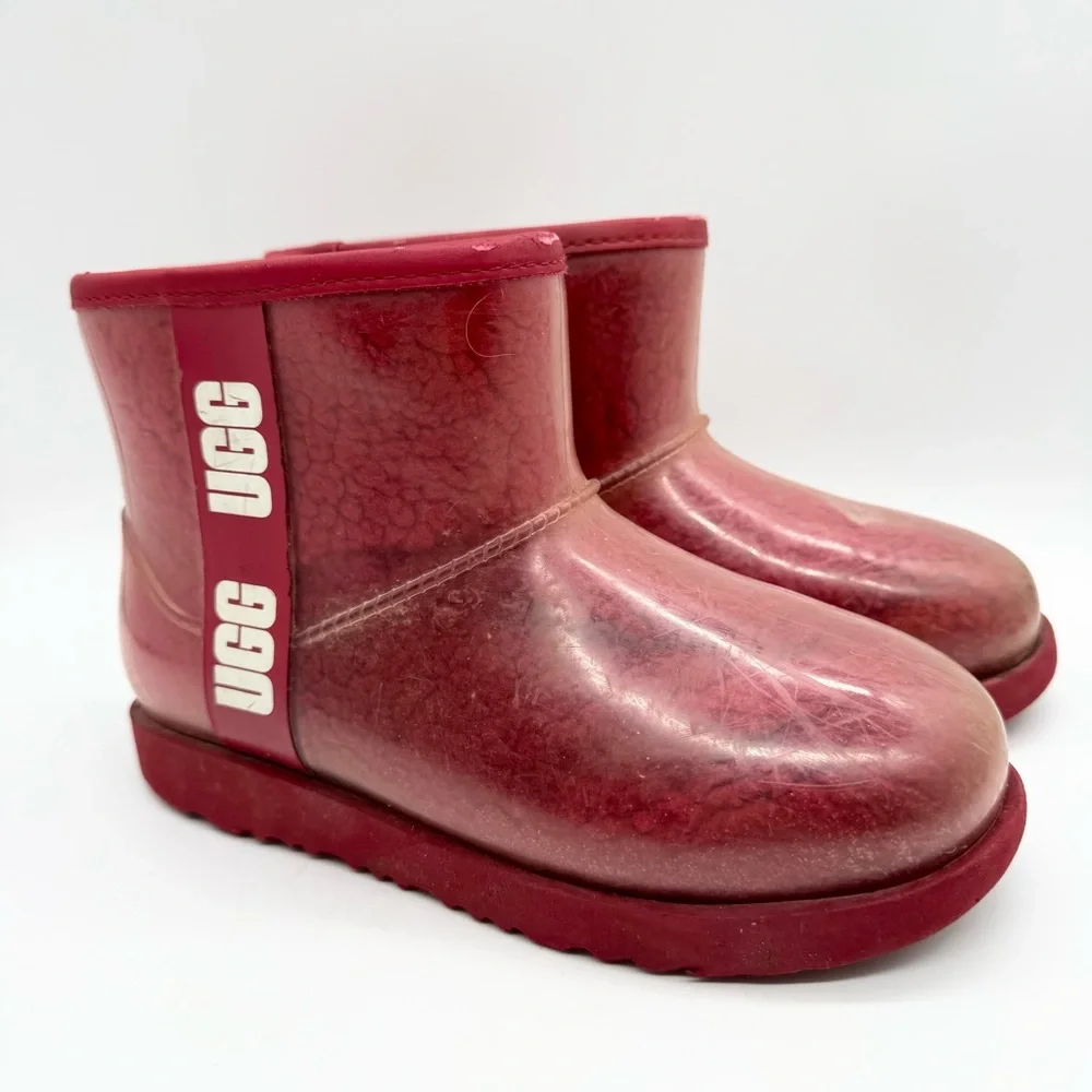UGG‎ Classic Clear Mini Shearling Lined Rubber Boots Samba Red Size 3 Y2K Winter